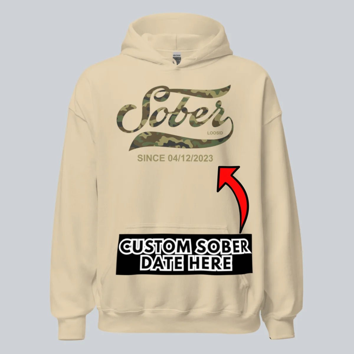Sober Since Camo Recovery Hoodie close-up view (view 22)