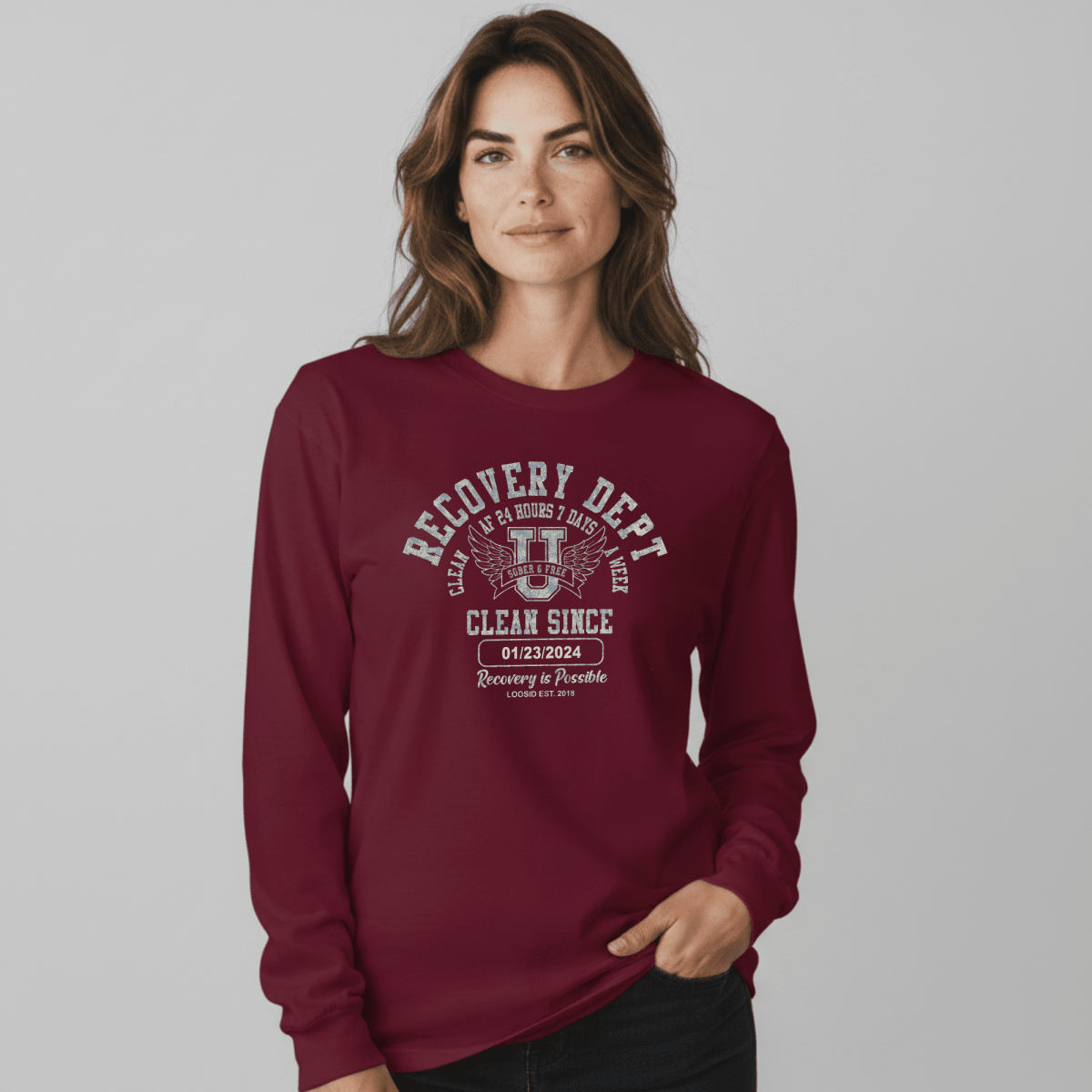 Recovery Dept 24 7 Long Sleeve Sober T Shirt graphic detail (view 14)