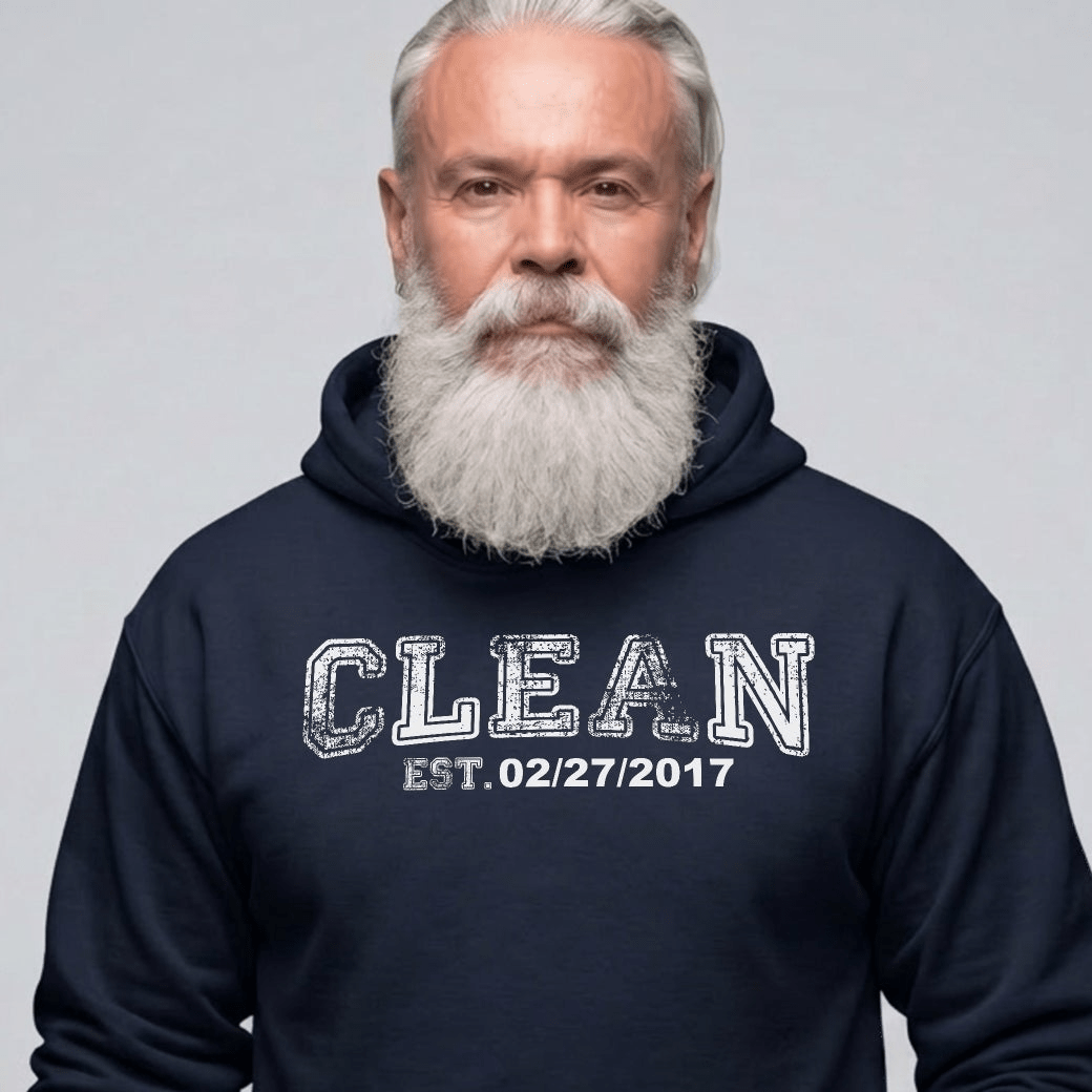 Clean Collegiate Hoodie W Personalize Recovery Date Recovery Hoodie fit detail (view 9)