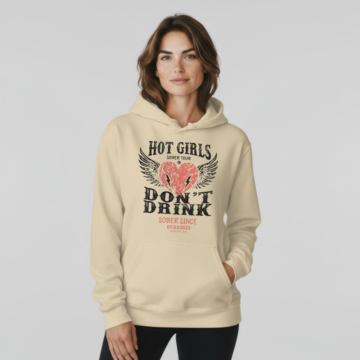 Hot Girls Don't Drink Custom Sobriety Date Recovery Hoodie flat lay styled image (view 43)