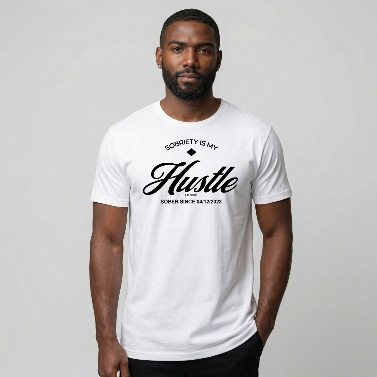 Hustle Men's Relaxed w Personalize Sober Date Sober T Shirt side view (view 16)