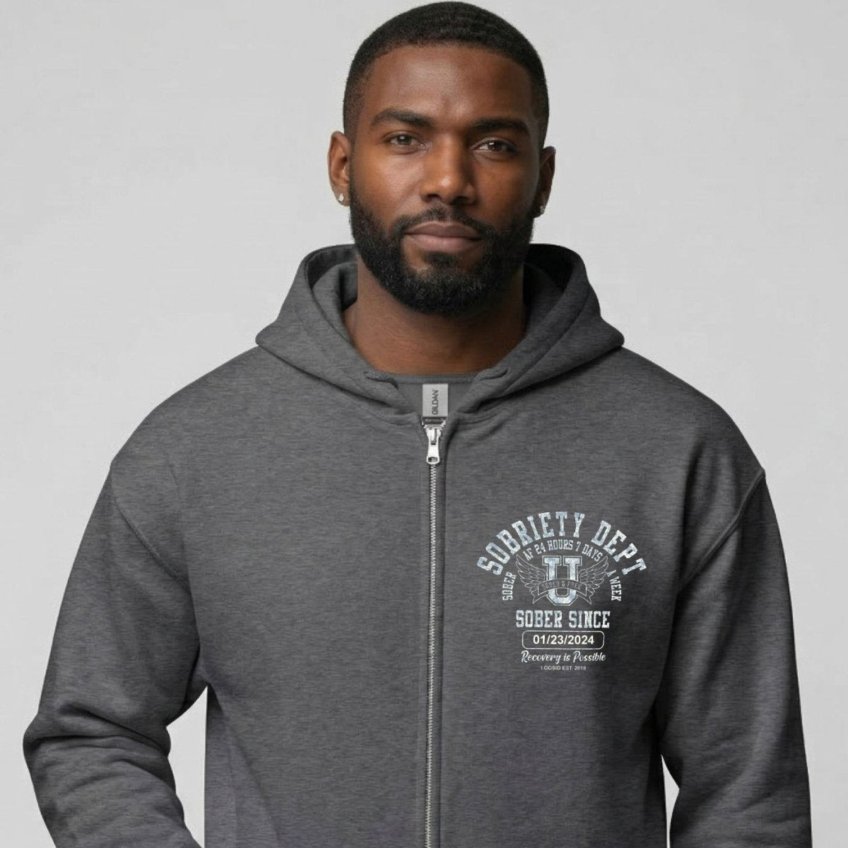 Sobriety Dept 24 7 Zip Recovery Hoodie lifestyle view (view 15)