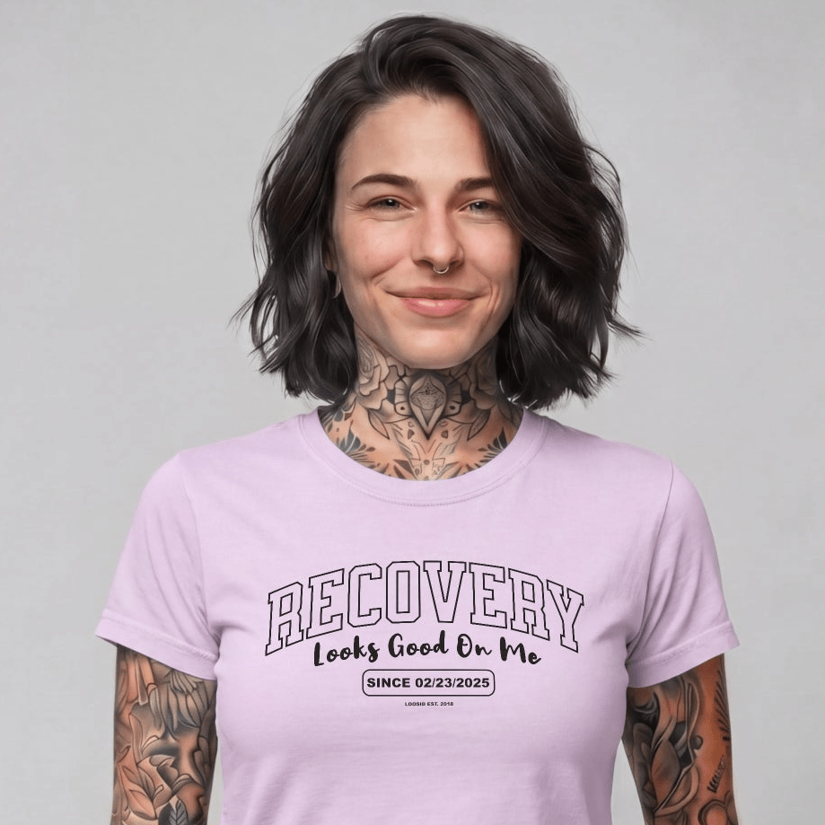 Recovery Looks Good On Me Women garment dyed Sober T Shirt graphic detail (view 24)