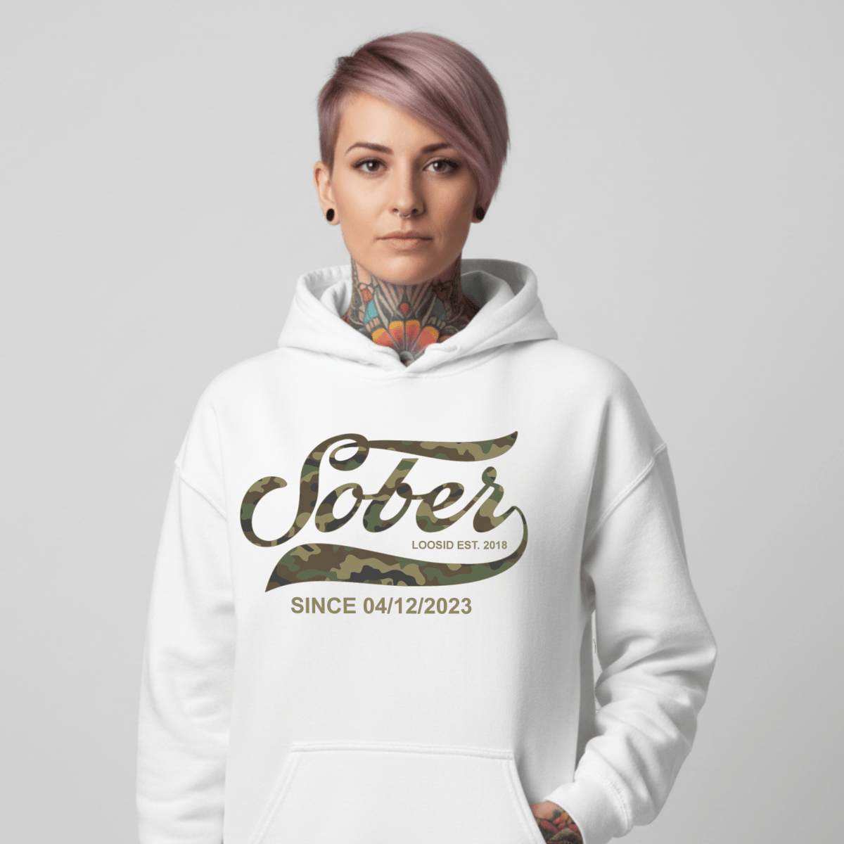 Sober Since Camo Recovery Hoodie flat lay styled image (view 23)