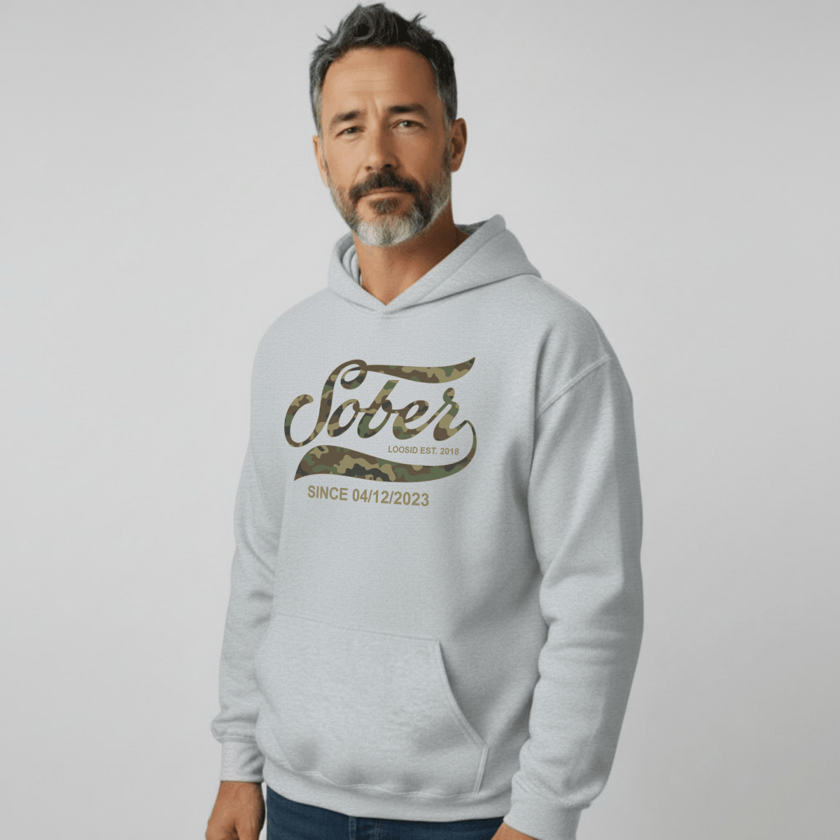 Sober Since Camo Recovery Hoodie close-up view (view 12)