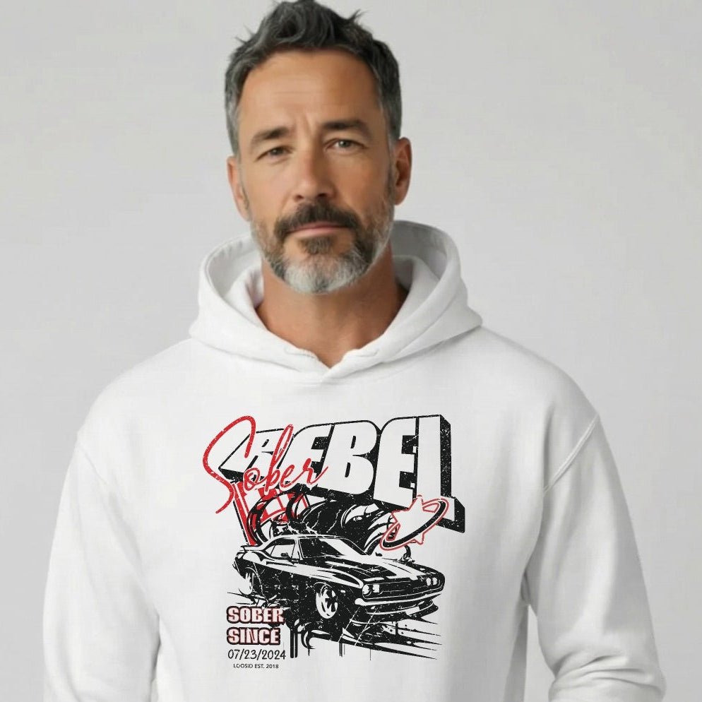 Sober Rebel Custom Sobriety Date Recovery Hoodie close-up view (view 2)