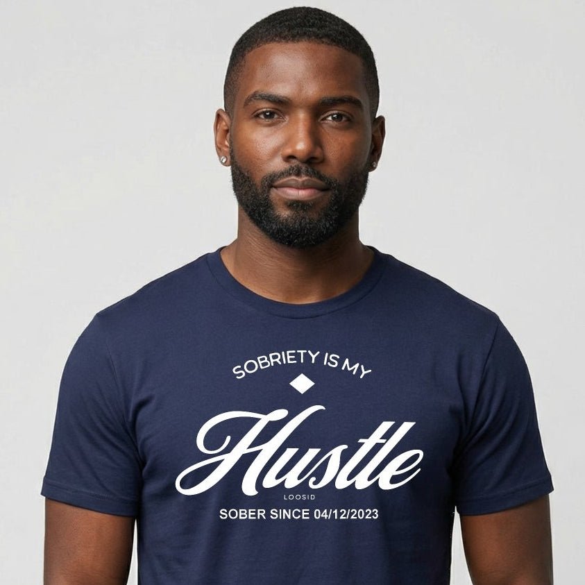 Hustle Men's Relaxed w Personalize Sober Date Sober T Shirt side view (view 6)