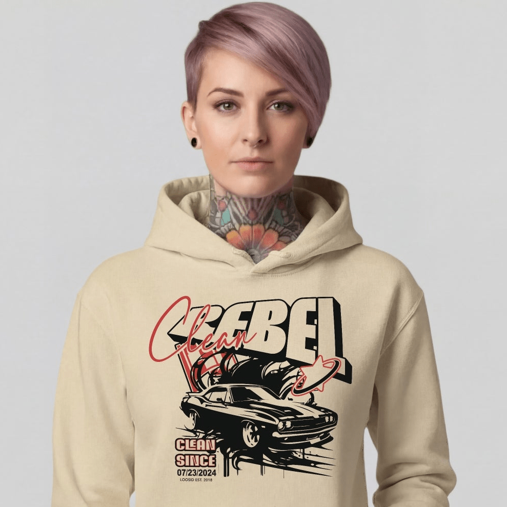 Clean Rebel Custom Recovery Date Recovery Hoodie close-up view (view 2)