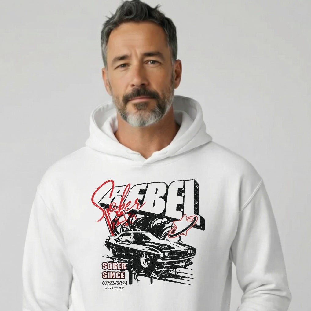 Loosid Sober Rebel Custom Sobriety Date Recovery Hoodie featuring the design