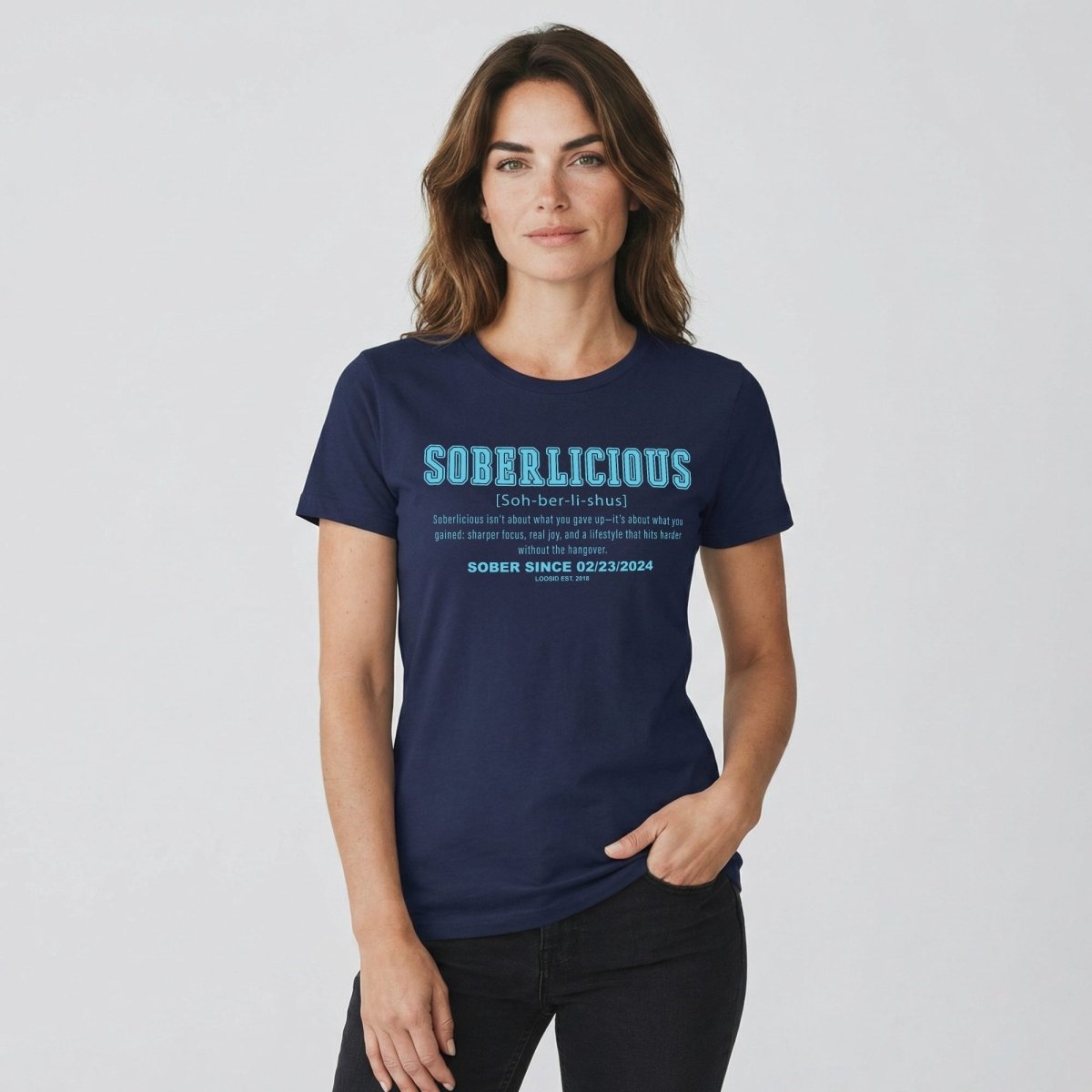 Soberlicious Definition w Custom Sobriety Date Sober T Shirt flat lay styled image (view 3)