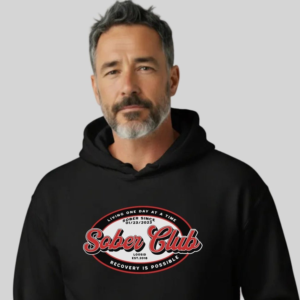 Sober Club Badge Recovery Hoodie close-up view (view 2)