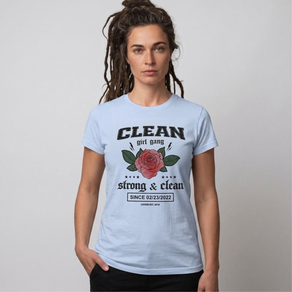 Clean Girl Gang Strong & Clean Sober T Shirt flat lay styled image (view 13)