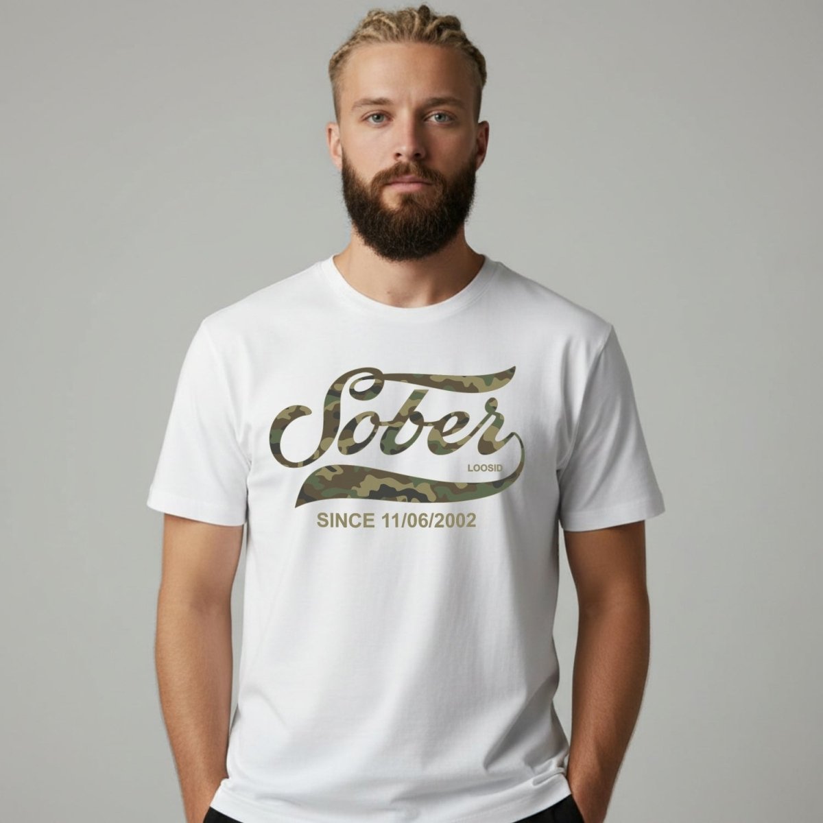Sober Since Camo Sober T Shirt back view (view 7)