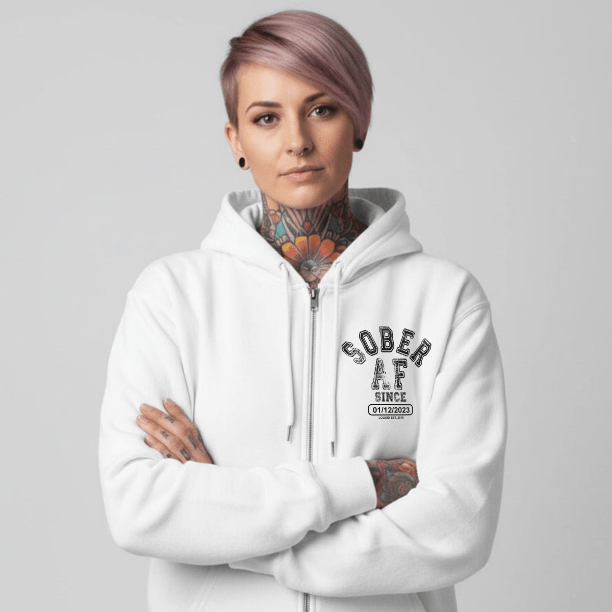 Sober AF Since Zip Recovery Hoodie fit detail (view 29)