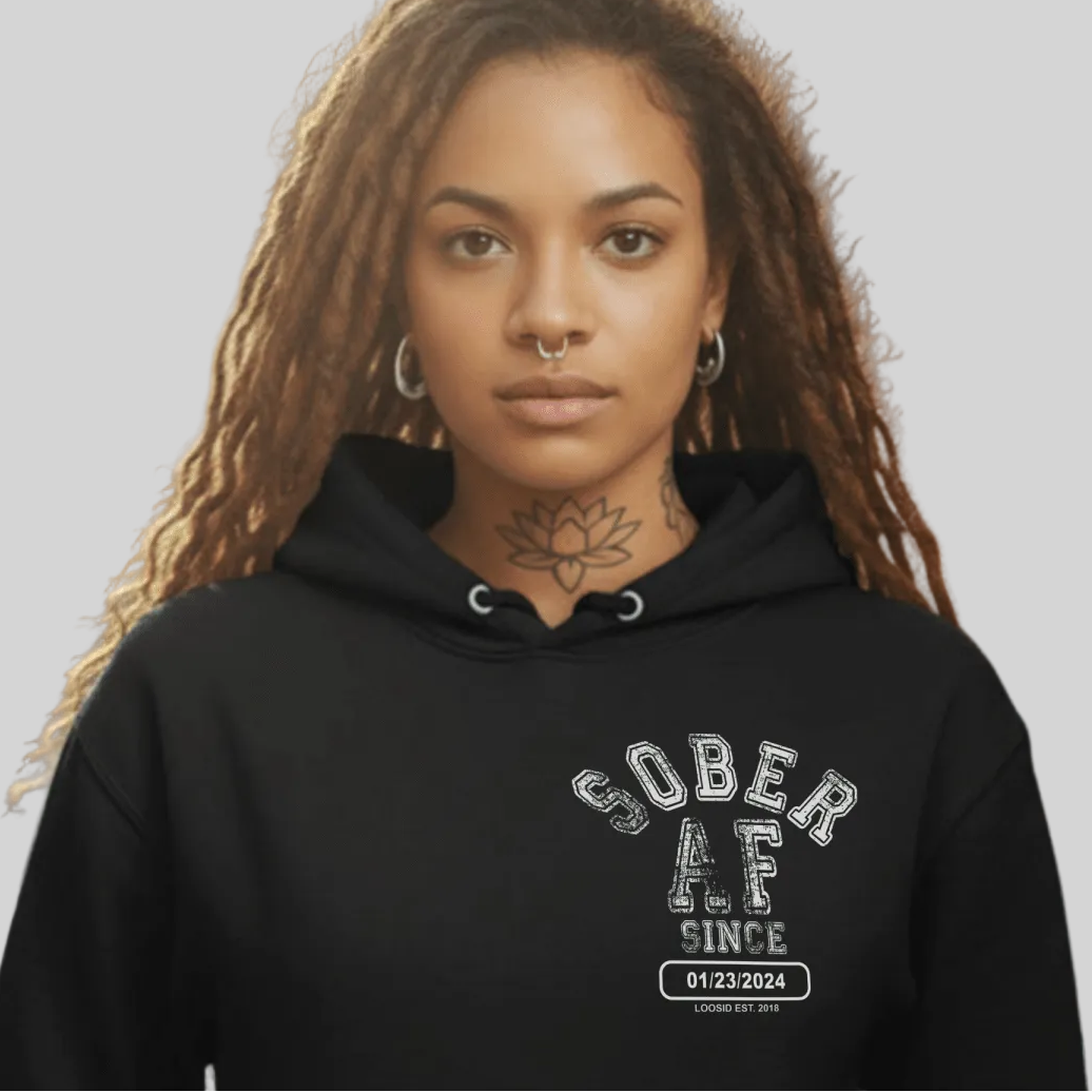 Sober AF Recovery Hoodie close-up view (view 2)