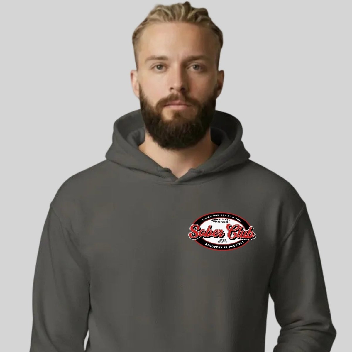 Sober Club Badge Recovery Hoodie flat lay styled image (view 33)