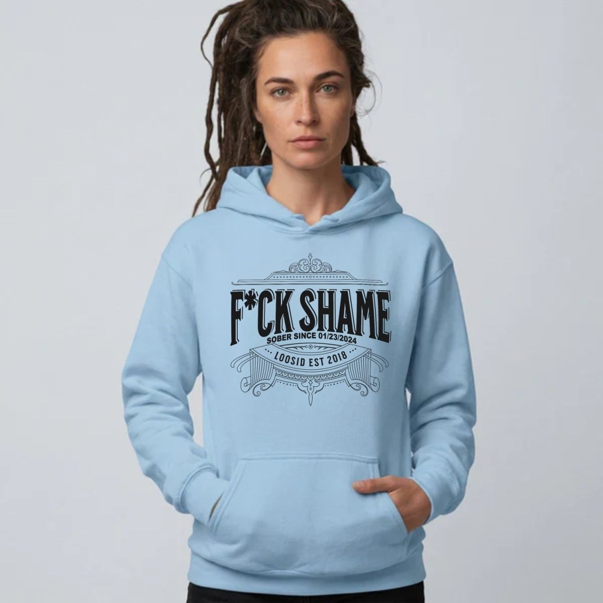 F*ck Shame Recovery Hoodie flat lay styled image (view 13)