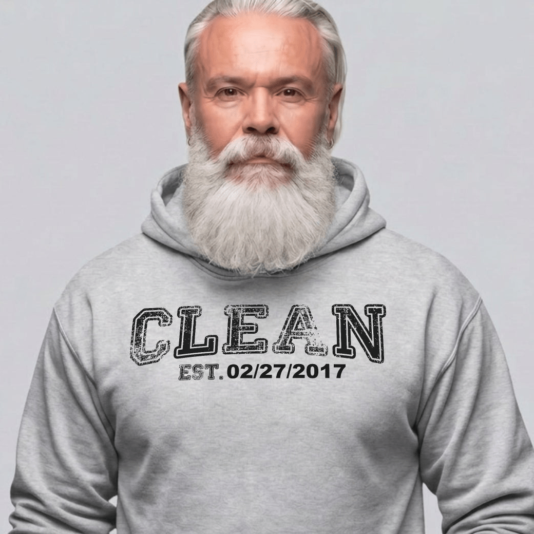 Clean Collegiate Hoodie W Personalize Recovery Date Recovery Hoodie lifestyle view (view 15)