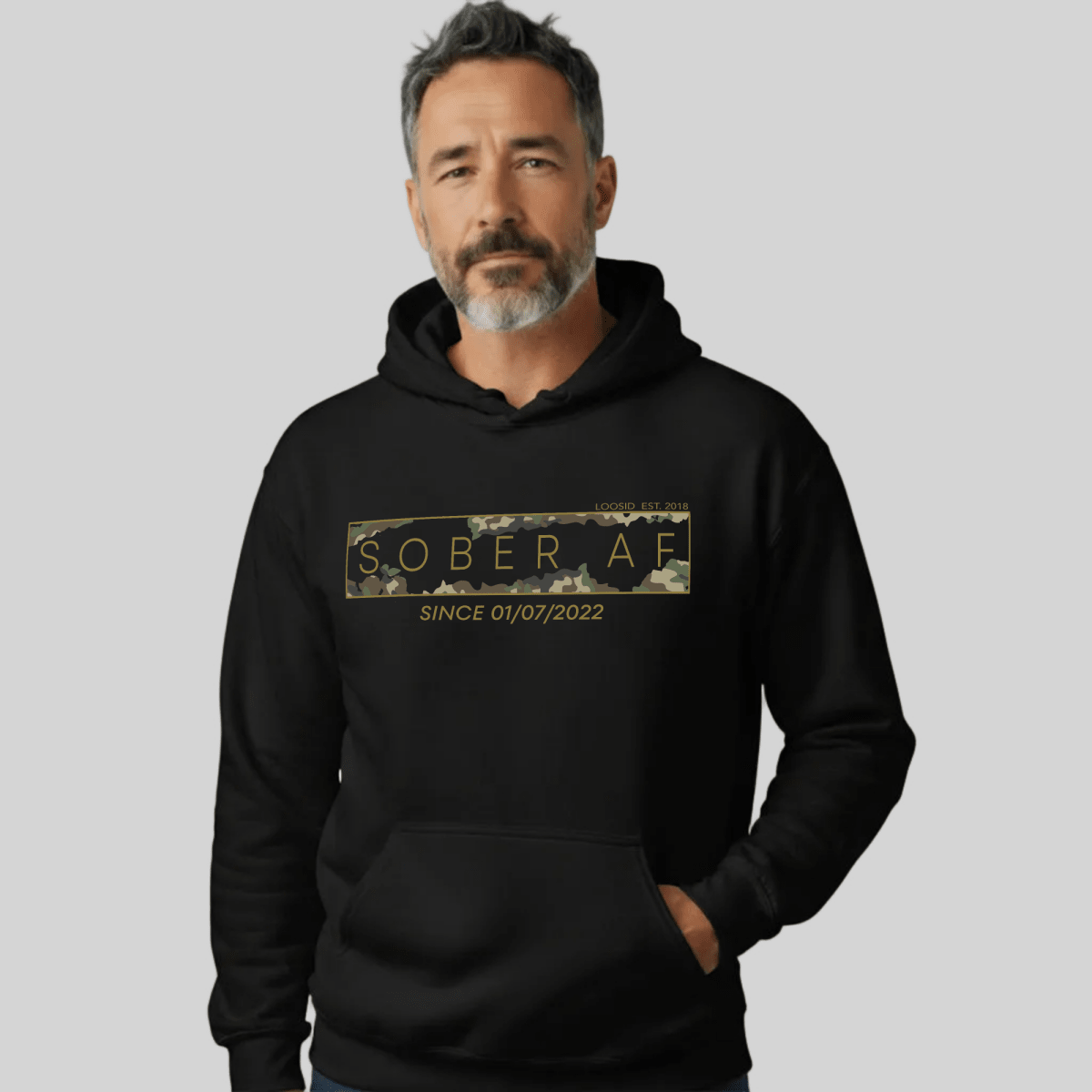 Sober AF Camo Recovery Hoodie graphic detail (view 4)