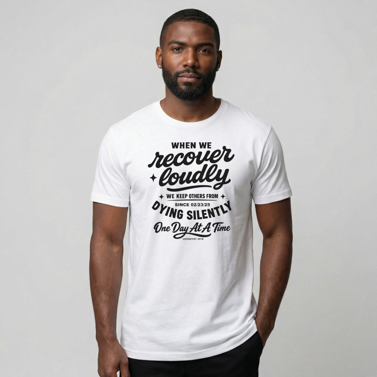When we recover loudly men Sober T Shirt flat lay styled image (view 13)