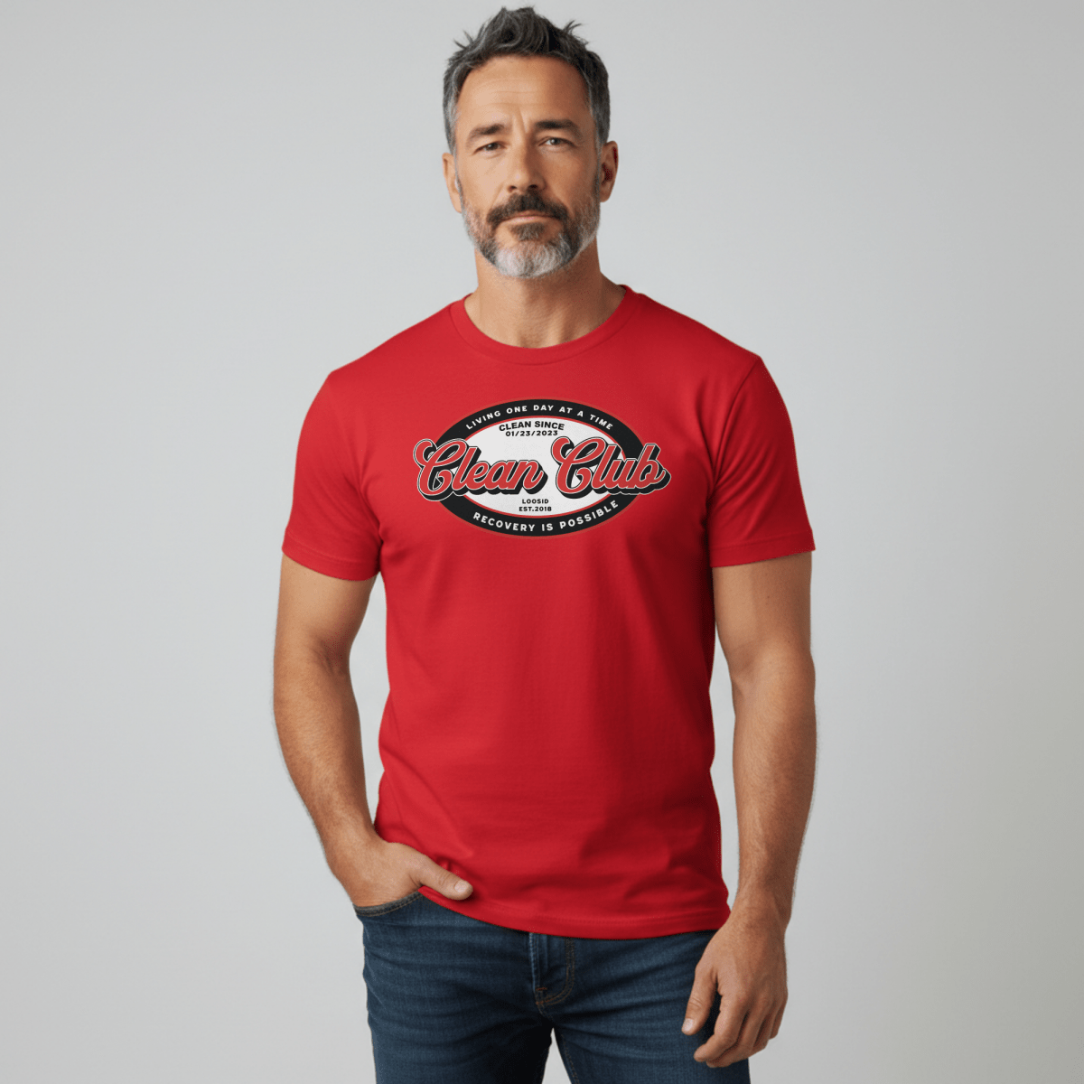 Clean Club Badge Unisex with Custom Recovery Sober T Shirt back view (view 7)