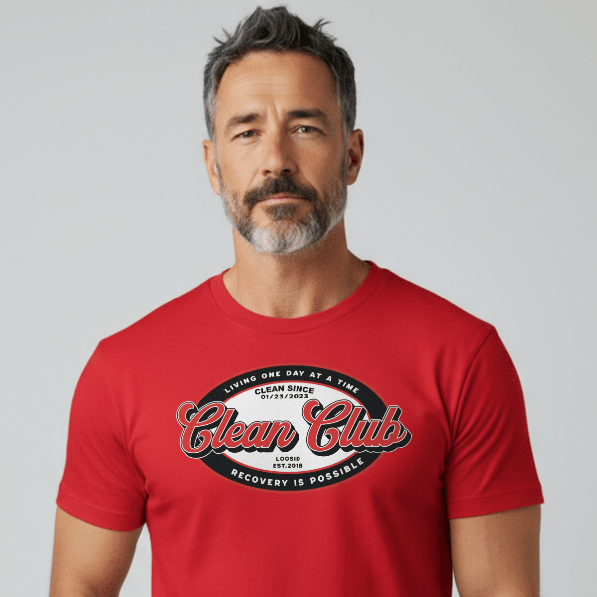 Clean Club Badge Unisex with Custom Recovery Sober T Shirt side view (view 6)