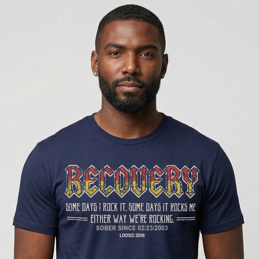 Recovery Rock Sober T Shirt flat lay styled image (view 13)