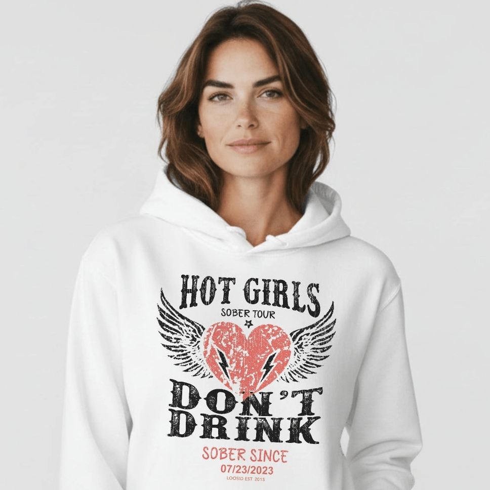 Hot Girls Don't Drink Custom Sobriety Date Recovery Hoodie close-up view (view 32)