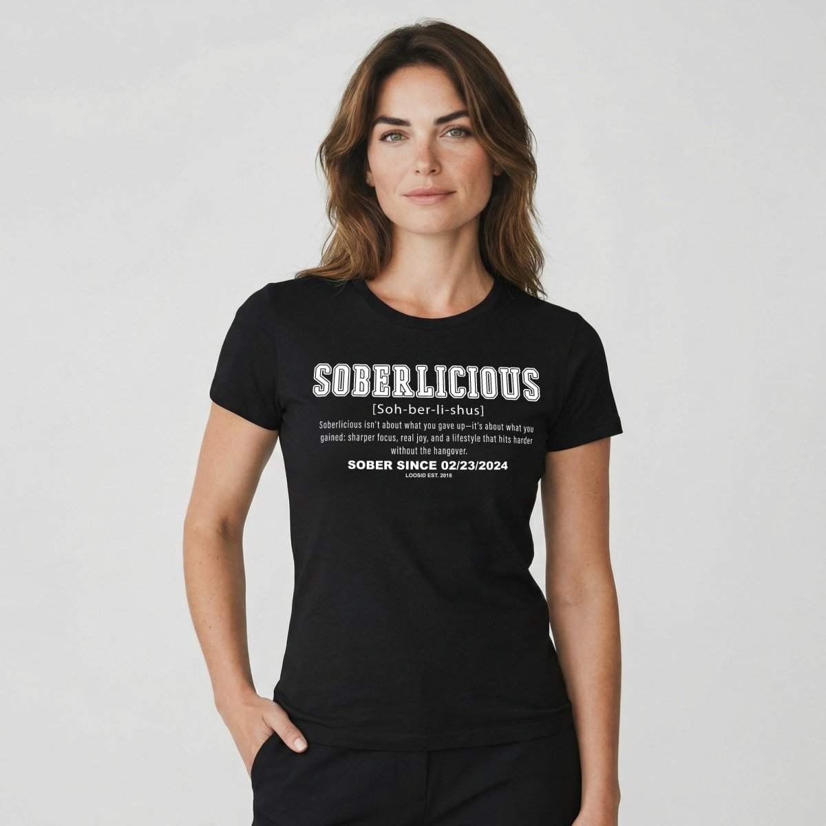 Soberlicious Definition w Custom Sobriety Date Sober T Shirt back view (view 7)