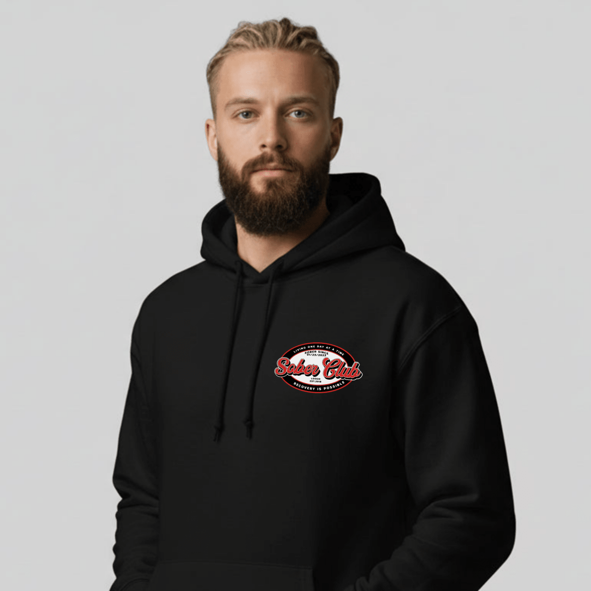 Sober Club Badge Recovery Hoodie lifestyle view (view 5)