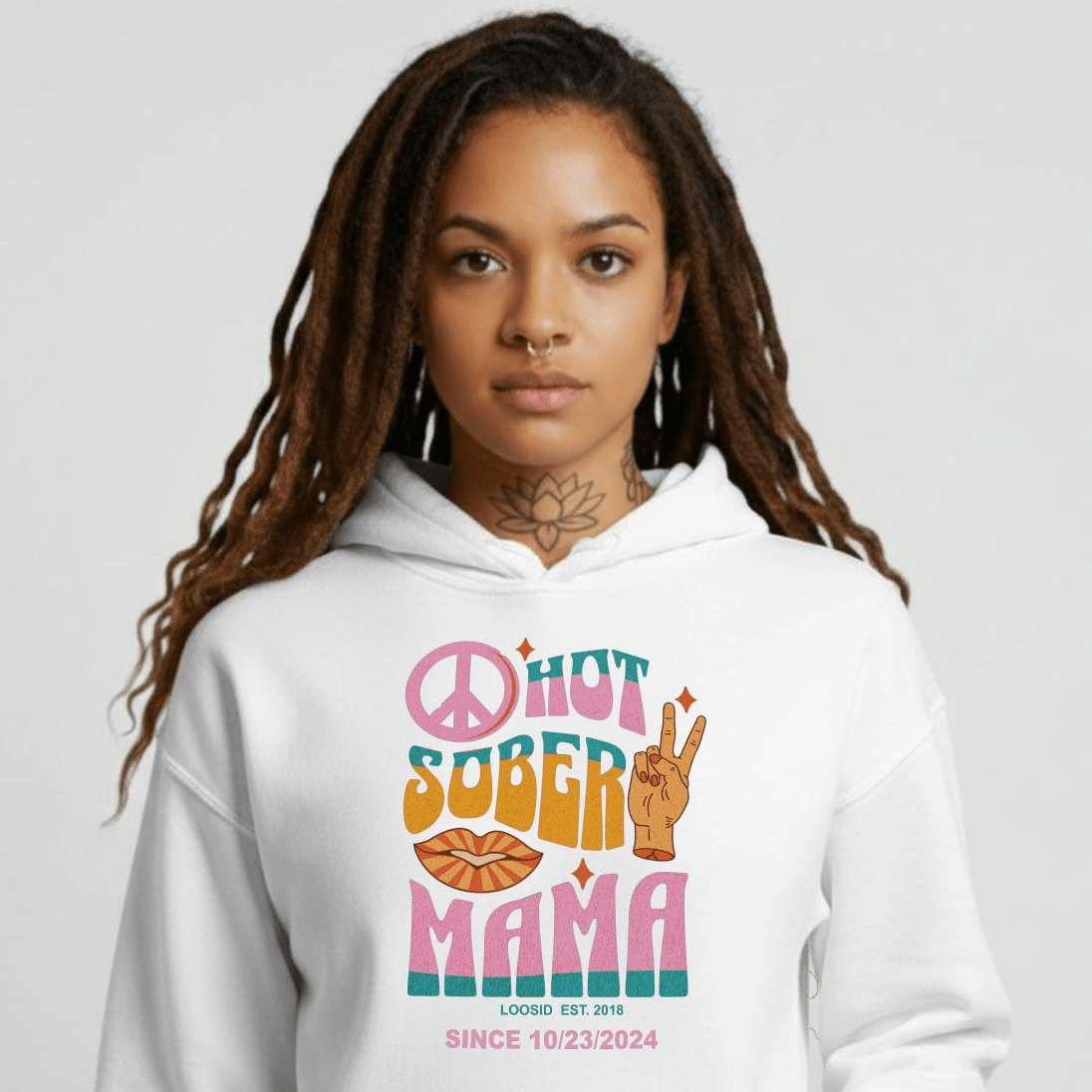 Hot Sober Mama Recovery Hoodie close-up view (view 2)