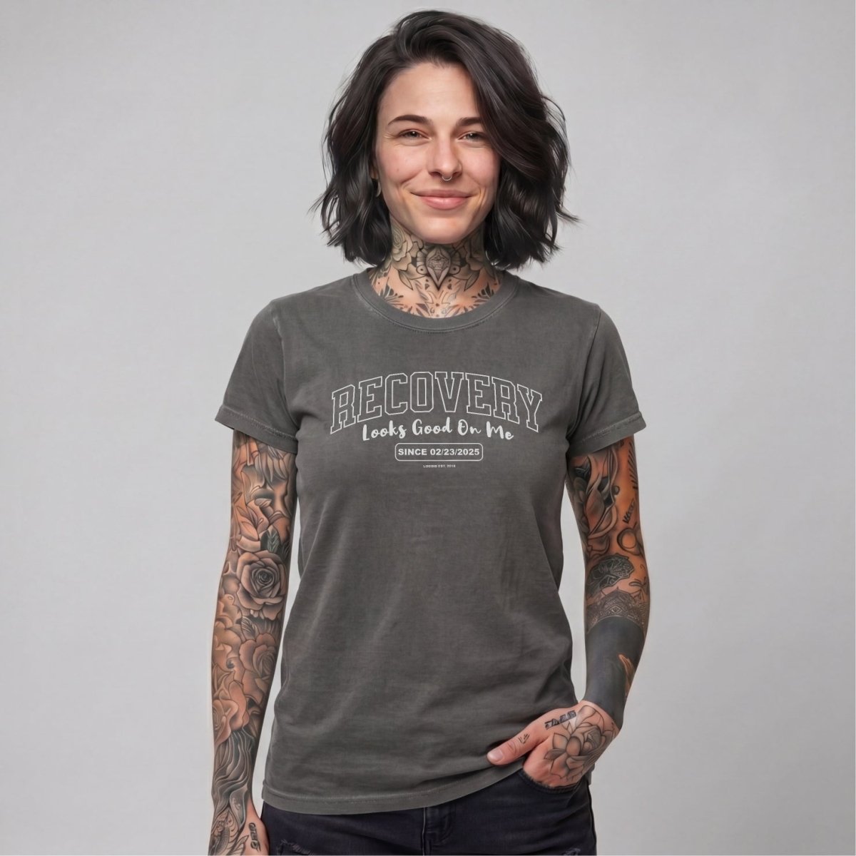 Recovery Looks Good On Me Women garment dyed Sober T Shirt flat lay styled image (view 13)