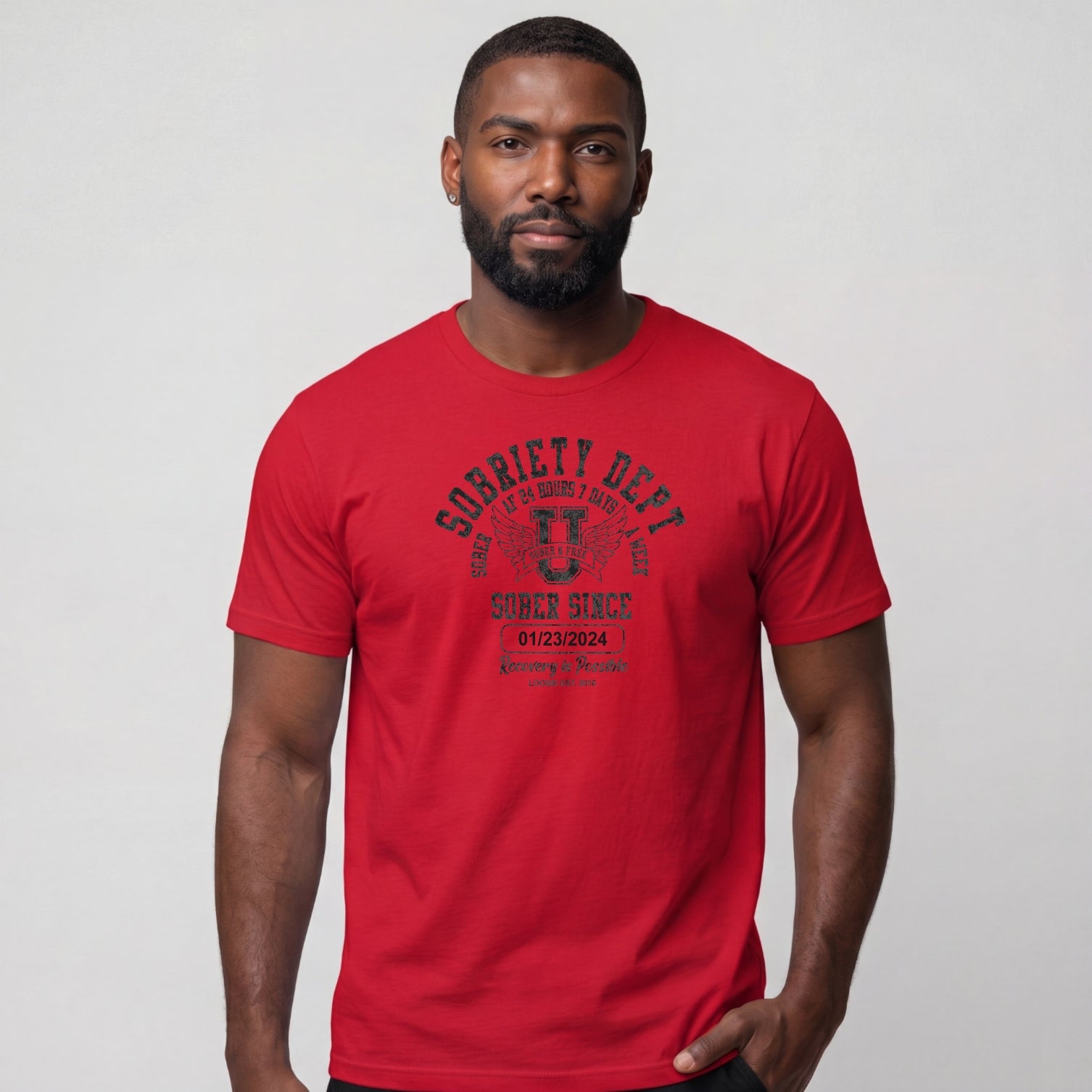 Sobriety Dept Men's T-Shirt with Custom Sobriety Date