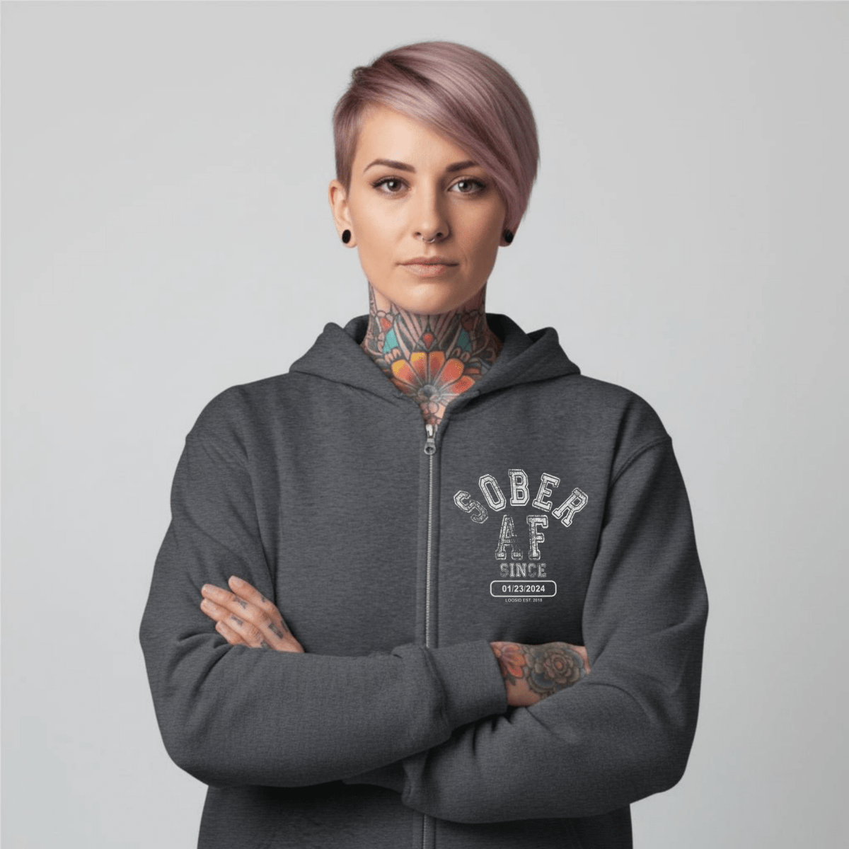 Sober AF Since Zip Recovery Hoodie flat lay styled image (view 13)
