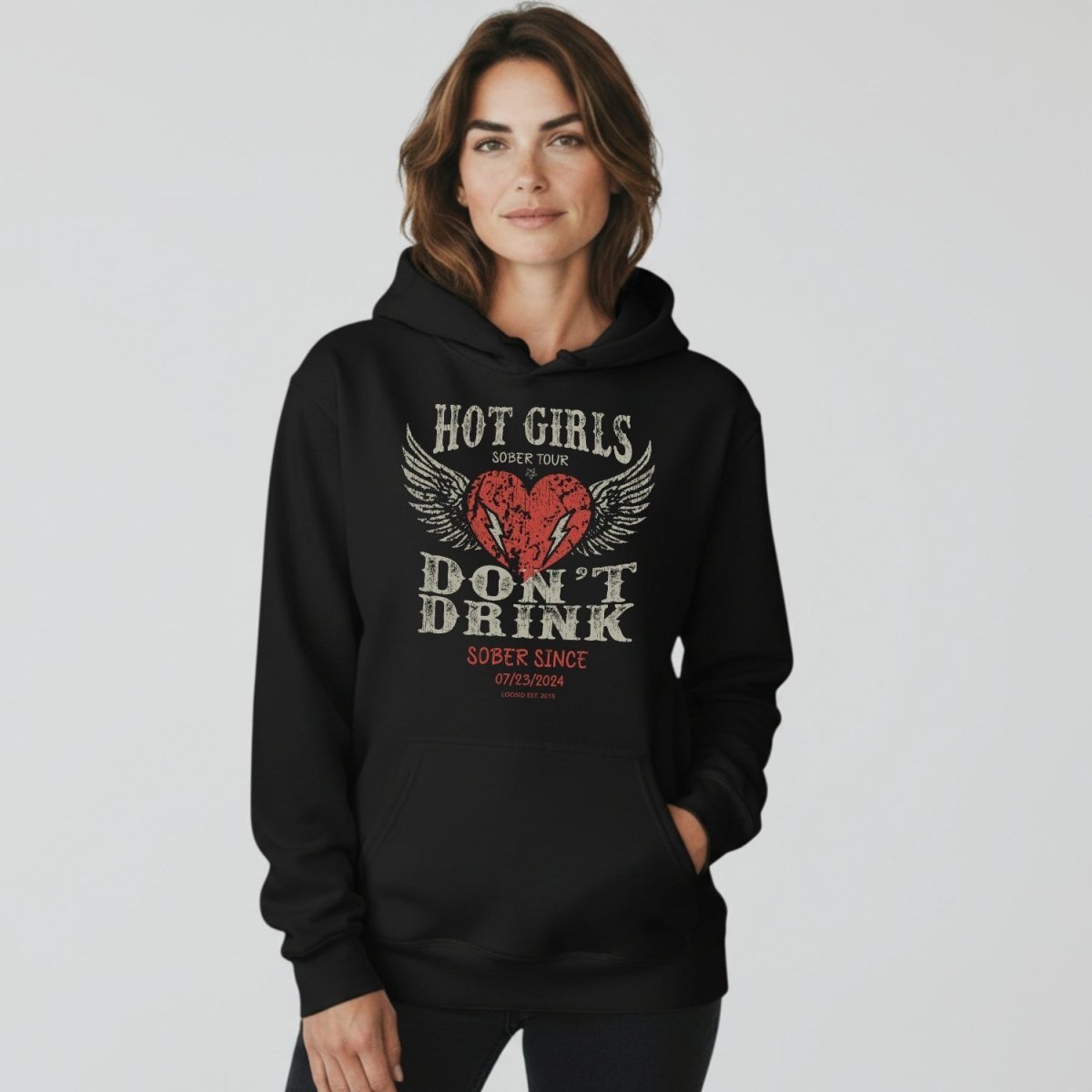 Hot Girls Don't Drink Custom Sobriety Date Recovery Hoodie fit detail (view 9)