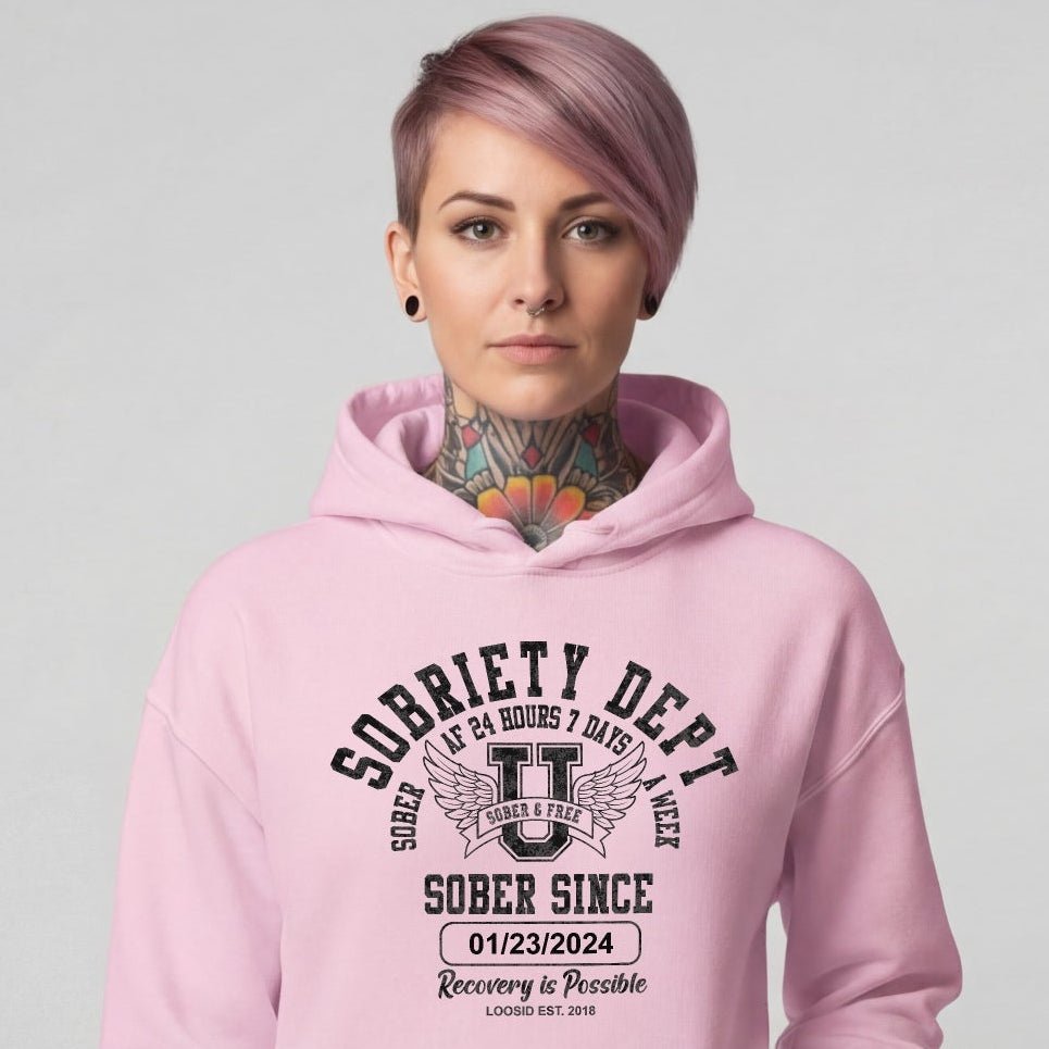 Sobriety Dept Recovery Hoodie flat lay styled image (view 33)