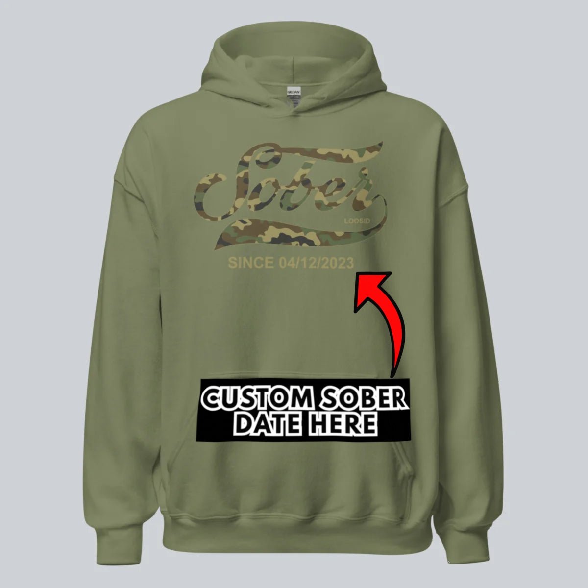 Sober Since Camo Recovery Hoodie close-up view (view 12)