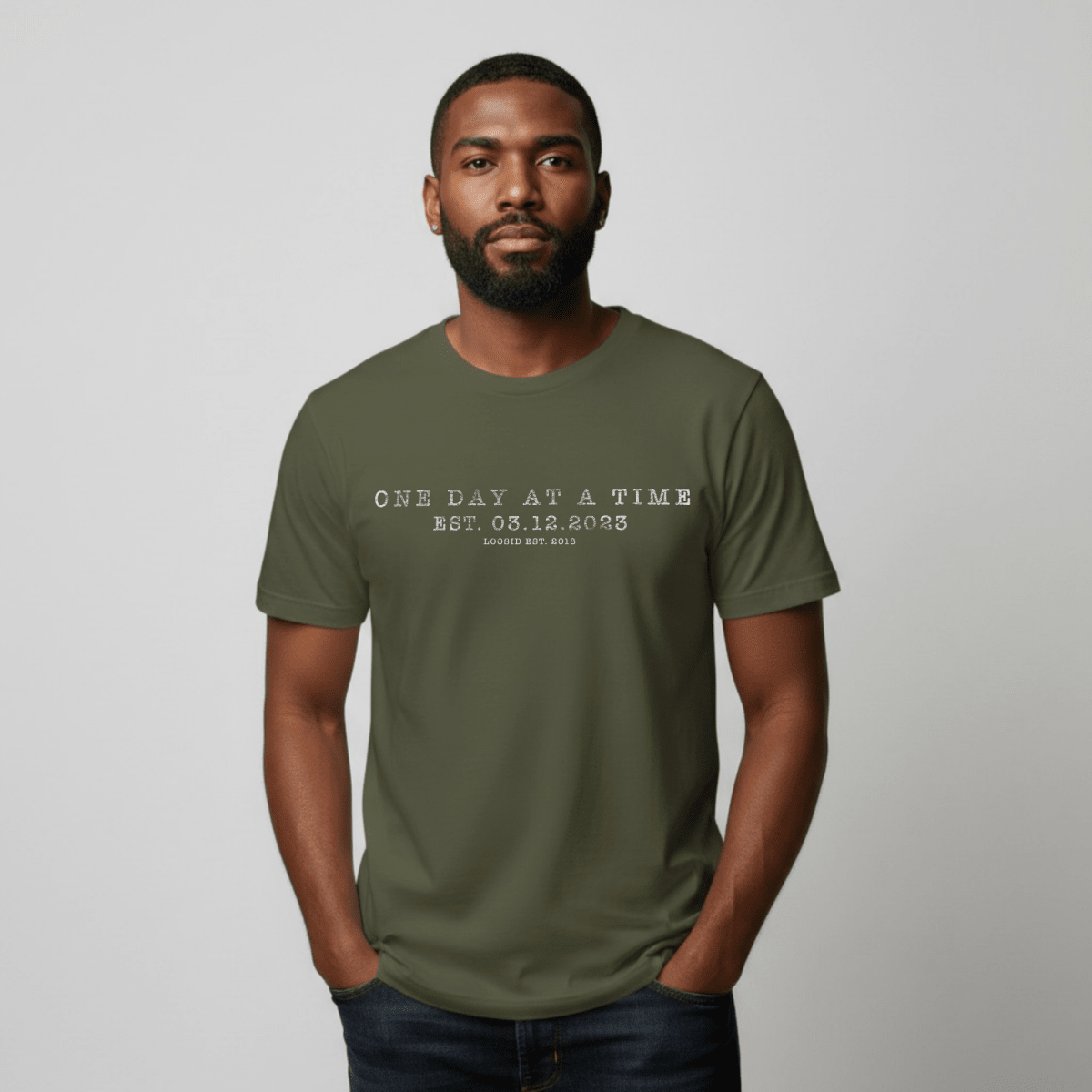 One Day At a Time Sober T Shirt flat lay styled image (view 13)
