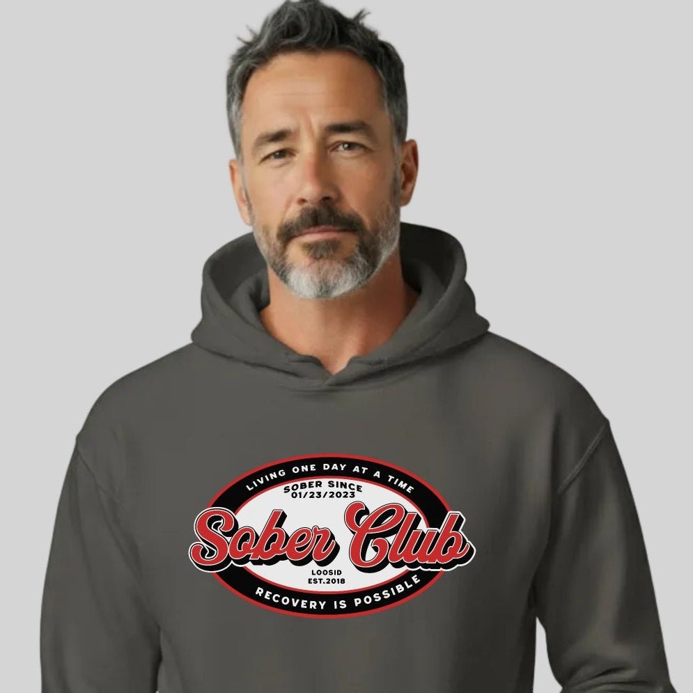 Sober Club Badge Recovery Hoodie back view (view 27)