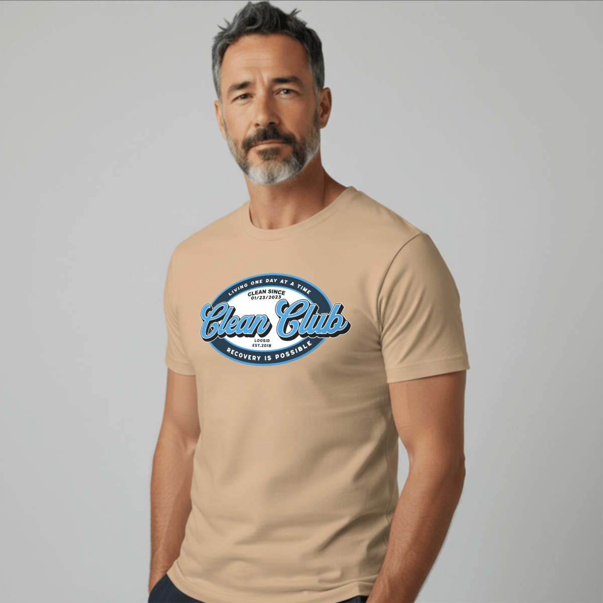 Clean Club Badge Unisex with Custom Recovery Sober T Shirt fit detail (view 19)