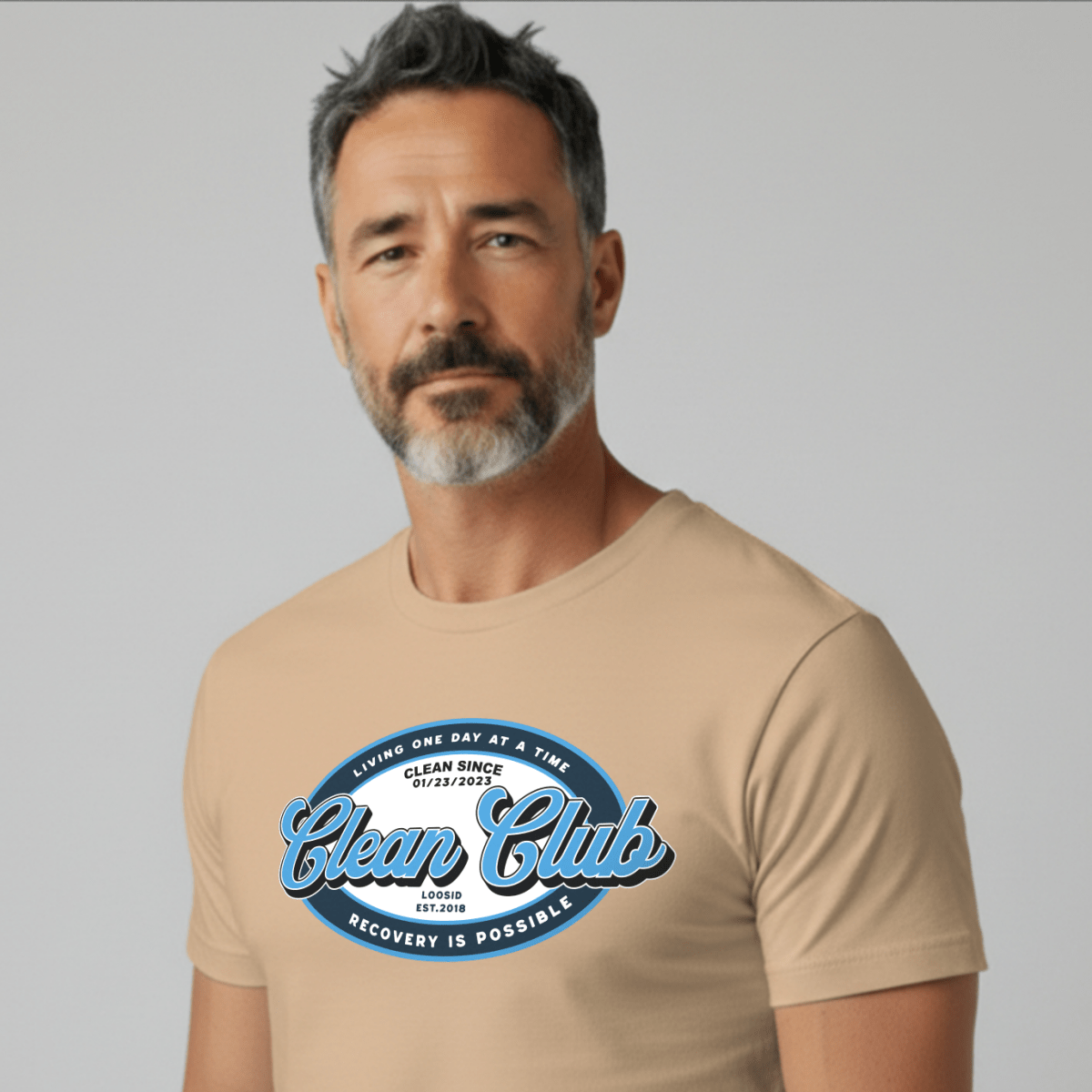 Clean Club Badge Unisex with Custom Recovery Sober T Shirt packaging detail (view 18)