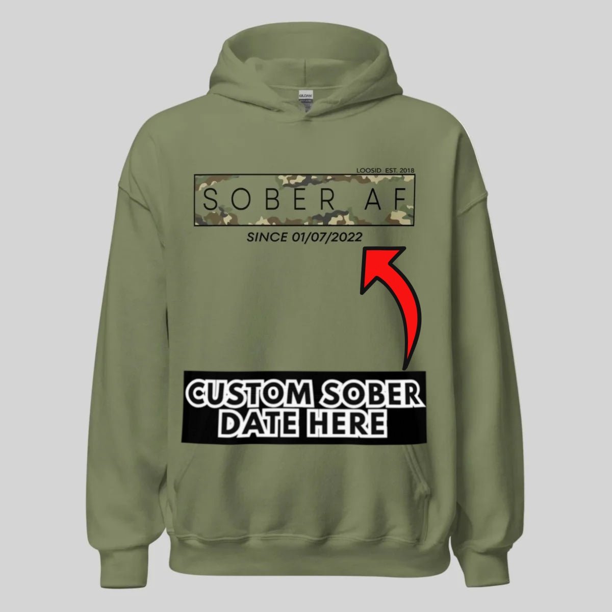 Sober AF Camo Recovery Hoodie flat lay styled image (view 33)