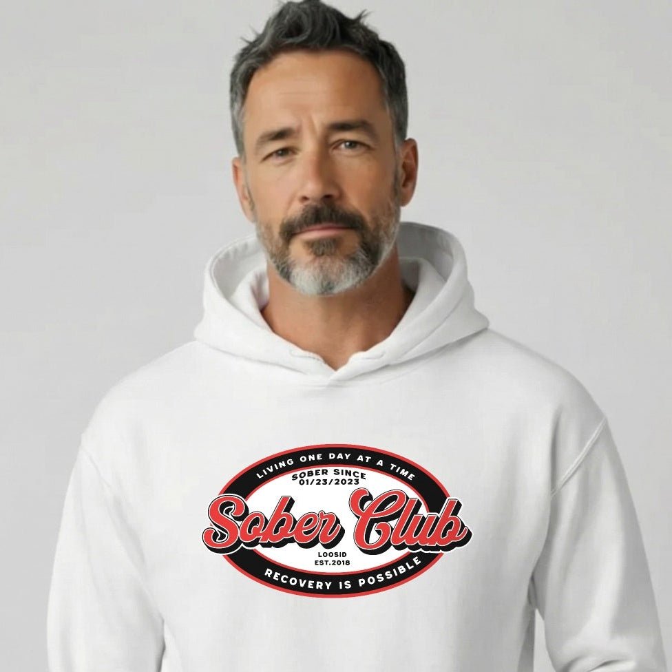 Sober Club Badge Recovery Hoodie lifestyle view (view 35)
