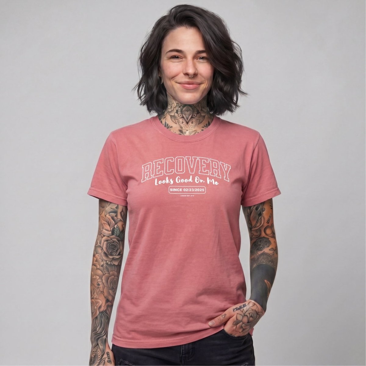 Recovery Looks Good On Me Women garment dyed Sober T Shirt flat lay styled image (view 3)