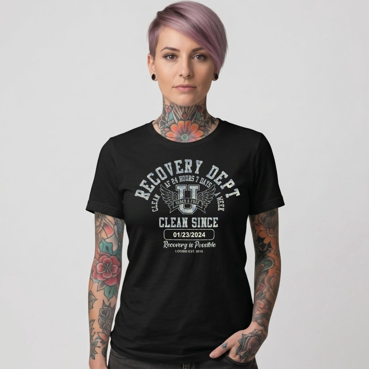 Clean Since Sobriety Sober T Shirt back view (view 7)