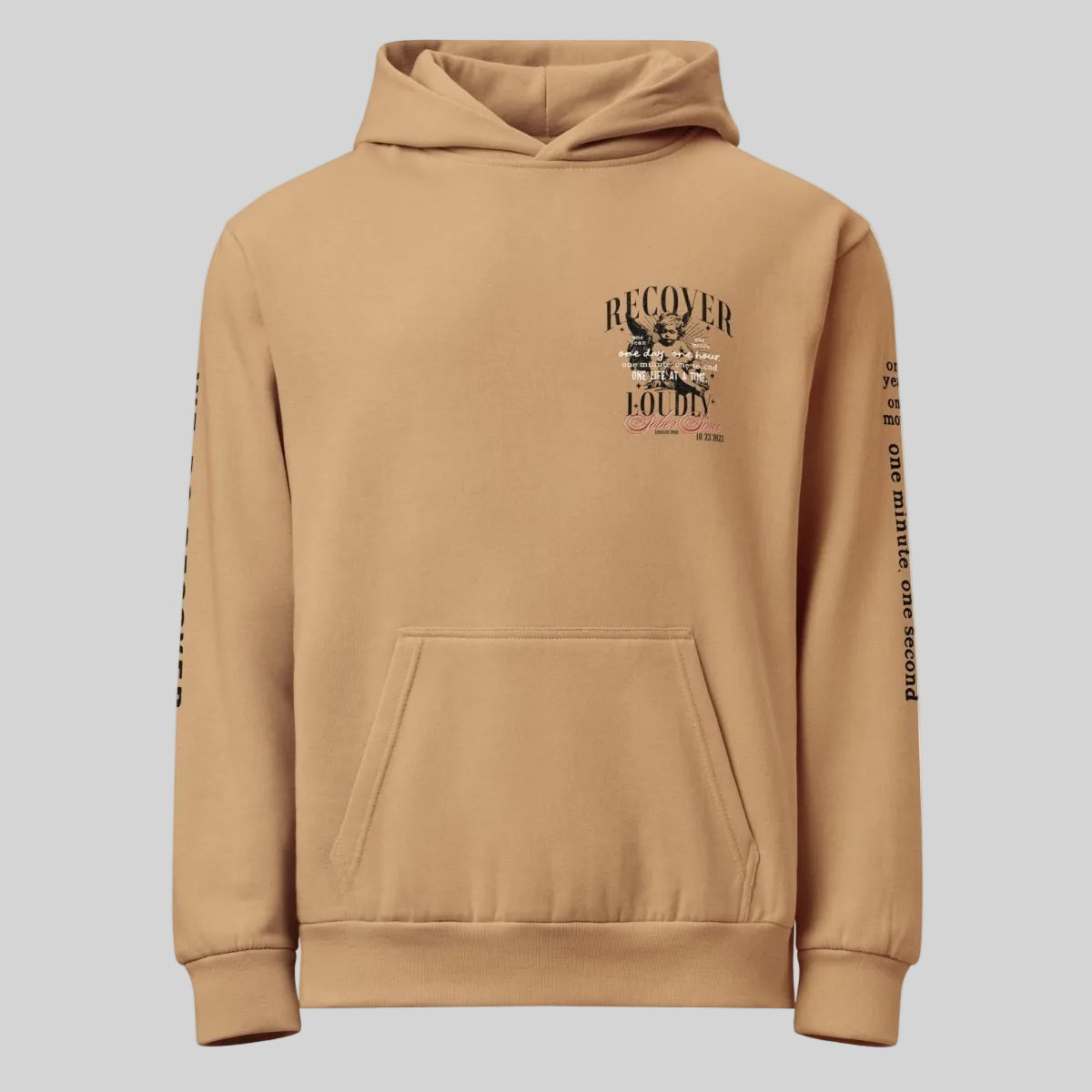 Recover Loudly Tan Recovery Hoodie Limited Edition Recovery Hoodie lifestyle view (view 5)