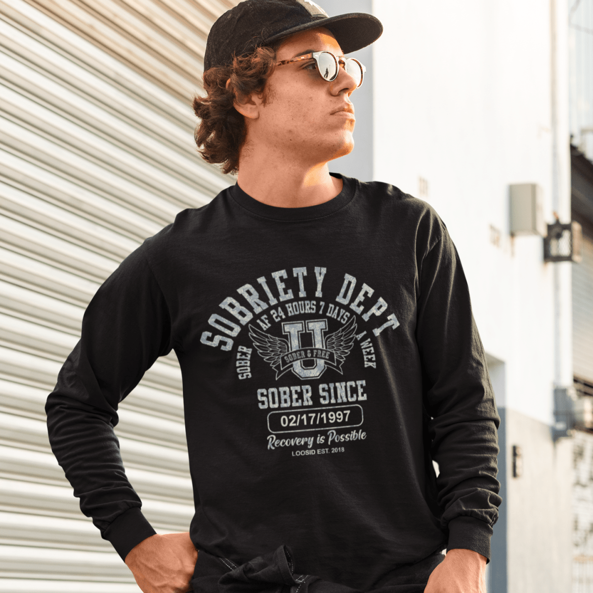 Sobriety Dept Long Sleeve Sober T Shirt close-up view (view 2)