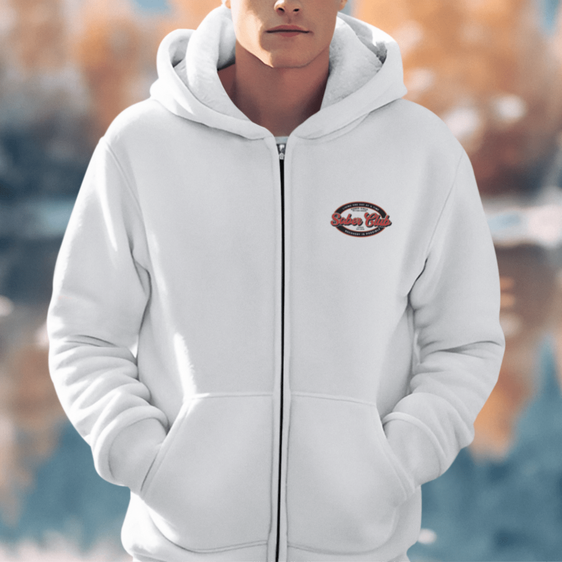 Sober Club Badge Left Chest Print Unisex Zip Recovery Hoodie graphic detail (view 24)