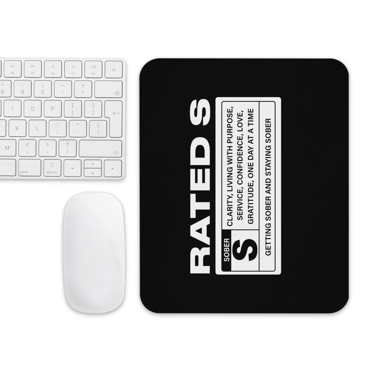 Rated S Recovery Mouse Pad flat lay styled image (view 3)