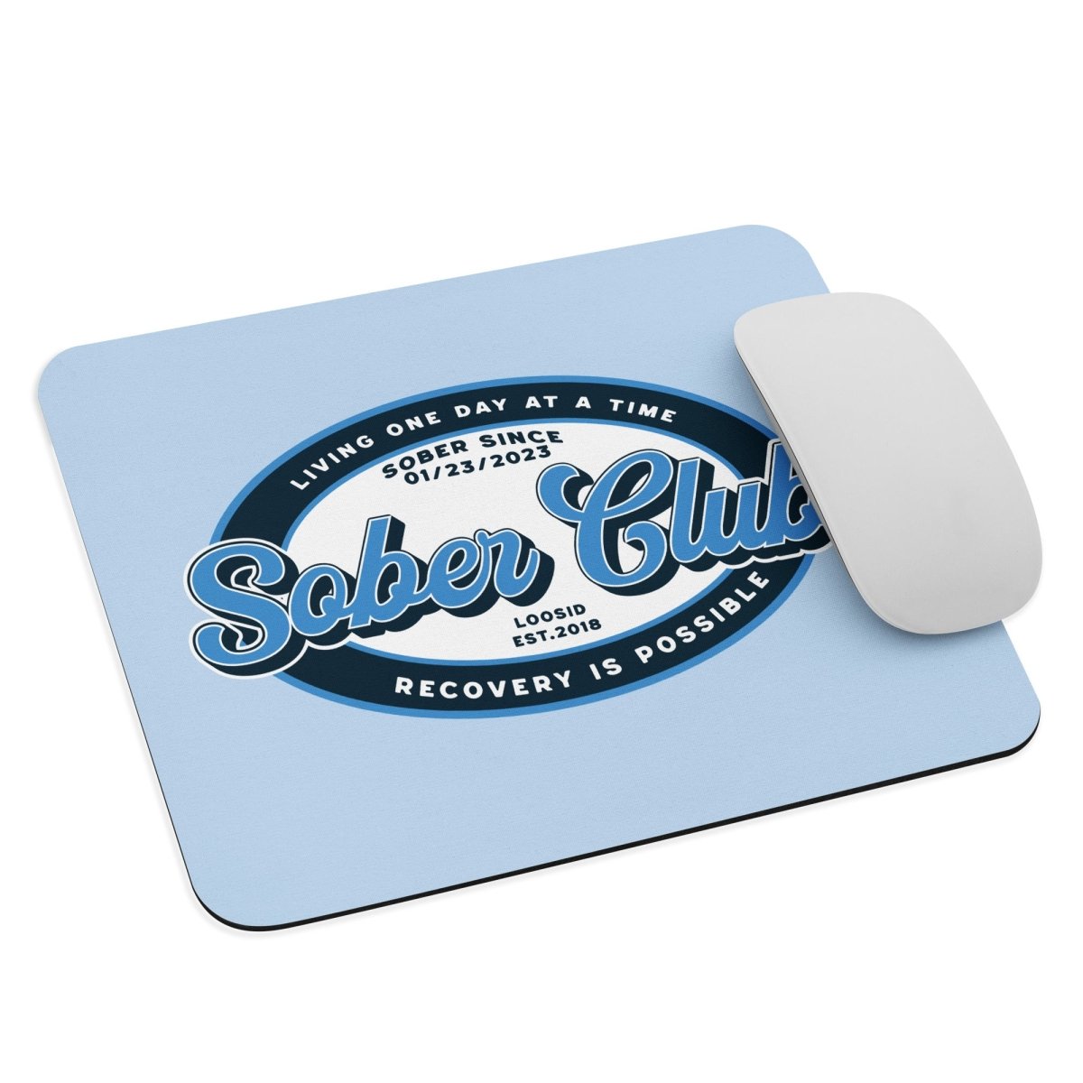 Loosid Sober Club Badge Recovery Mouse Pad featuring the design